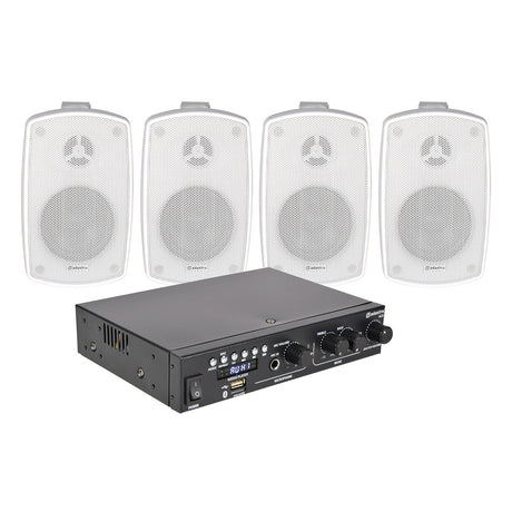 The Adastra 4 x Outdoor Wall Speakers, shown in white and arranged in a row behind a compact stereo amplifier, are featured alongside the amplifier’s front panel with multiple control knobs and input ports.
