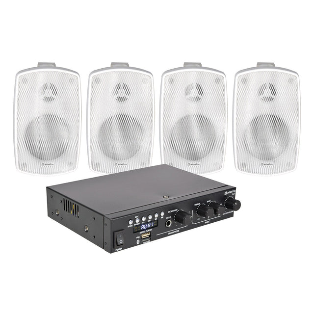 The Adastra 4 x Outdoor Wall Speakers, shown in white and arranged in a row behind a compact stereo amplifier, are featured alongside the amplifier’s front panel with multiple control knobs and input ports.