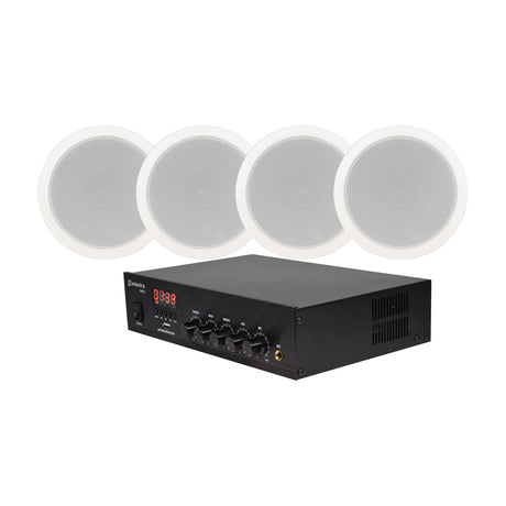Adastra Smart Pack Small ceiling speaker system with four round white flush-mount speakers and a black DM25 100V mixer amplifier on a white background.