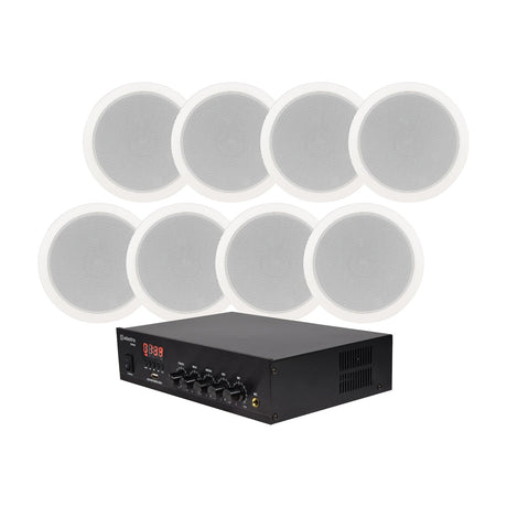 Adastra Smart Pack Medium 100V ceiling speaker system with eight round flush-mount speakers and black DM40 mixer amplifier on a white background.