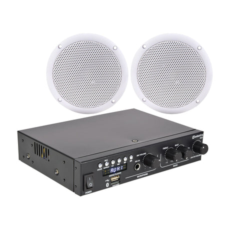 Adastra Smart Pack amplifier with USB, Bluetooth and control knobs, shown with two round white waterproof ceiling speakers on a plain background.