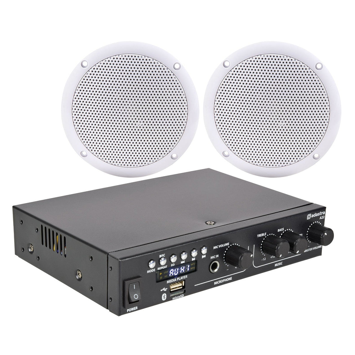 Adastra 2 x Waterproof Ceiling Speakers and black mixer amplifier with control knobs and buttons, shown on a plain white background—perfect for seamless background audio. Features round, white speakers with perforated grilles.