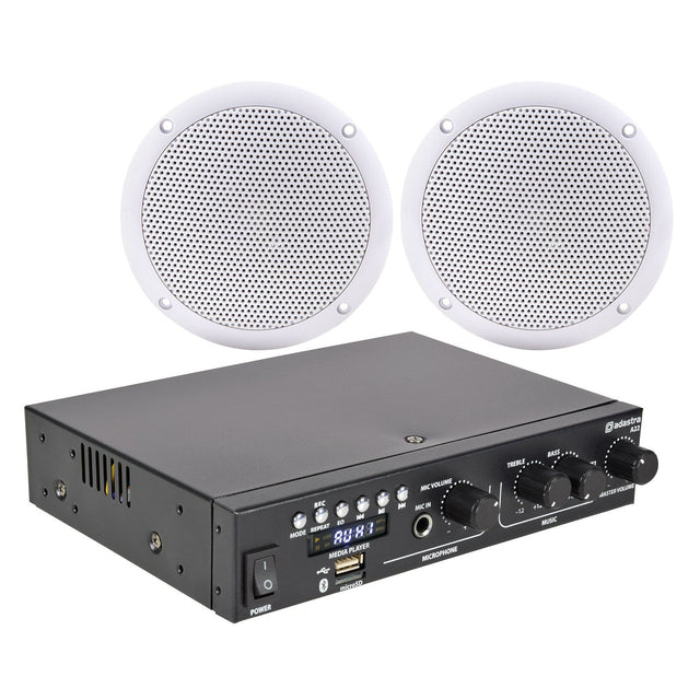Adastra 2 x Waterproof Ceiling Speakers and black mixer amplifier with control knobs and buttons, shown on a plain white background—perfect for seamless background audio. Features round, white speakers with perforated grilles.