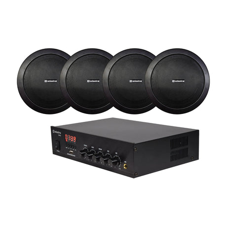 Adastra Smart Pack Black 100V ceiling speaker system by AVSL with four black metal frame ceiling speakers and DM25 mixer amplifier.