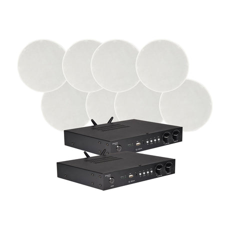 Adastra Smart Pack Multiroom 4 WiFi ceiling speaker system with two black stereo amplifiers and eight round white flush-mount ceiling speakers.