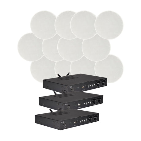 Adastra Smart Pack Multiroom 6 WiFi ceiling speaker system with three black stereo amplifiers and twelve round white flush ceiling speakers.
