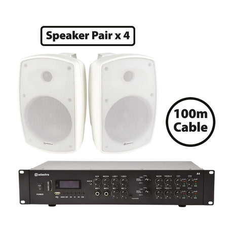 Adastra BH6-W and A4 background music package by AVSL showing a pair of white wall speakers, rack-mount amplifier, and 100m cable label.