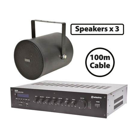 Adastra WSP25B weatherproof black sound projector with bracket, shown with RM60 100V mixer-amplifier, three speaker labels, and 100m cable.