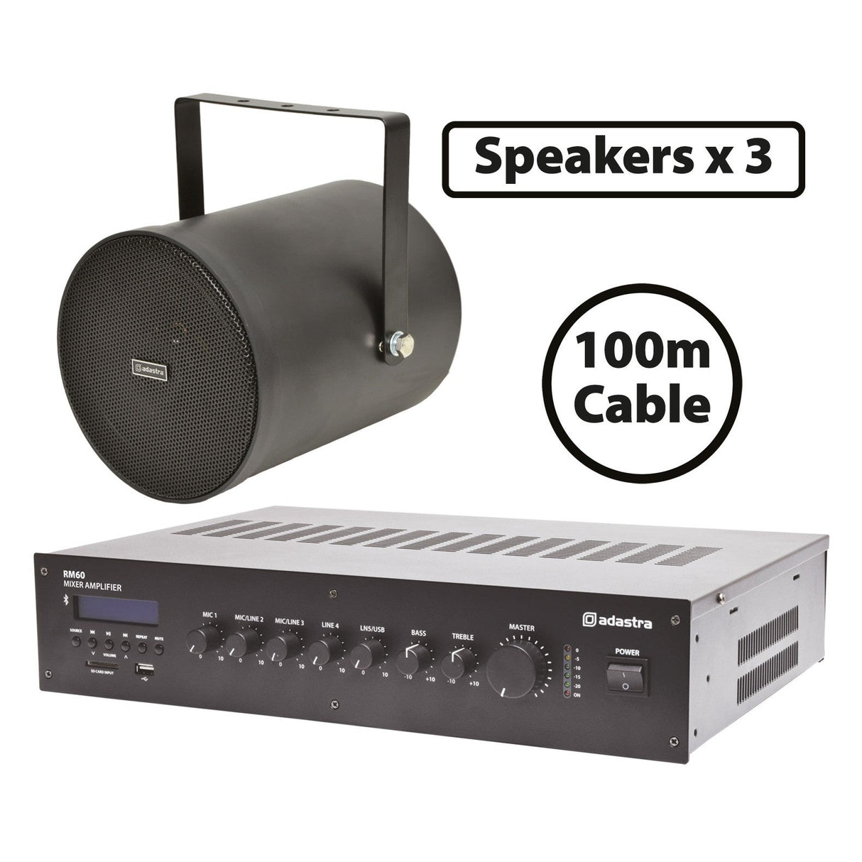 Adastra 3 x Sound Projectors With 60W Mixer-Amp - Black