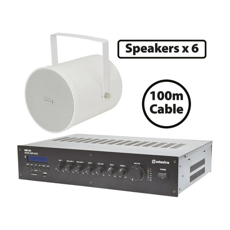 Adastra Weatherproof 100V Sound Projector Package in white with cylindrical speaker, mounting bracket, rack-mount mixer amplifier, six speakers, and 100m cable.