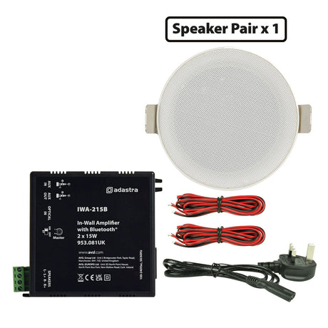 The Adastra 2 x 15W Mini Ceiling Speakers & IWA215B Bluetooth Amplifier set includes a moisture-resistant round white ceiling speaker, in-wall Bluetooth amp, two red-black cables, and UK power cord. Text: Speaker Pair x 1.