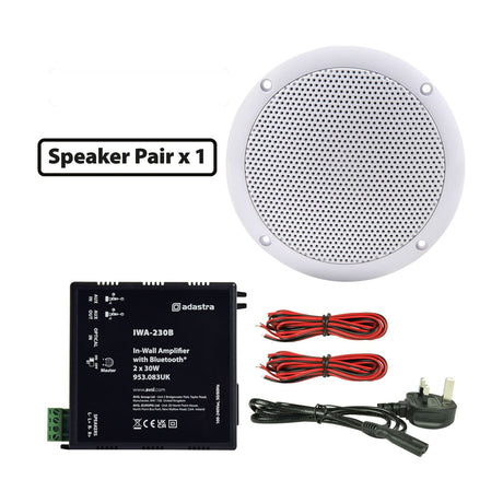 Adastra IP35 waterproof ceiling speaker and IWA-230B Bluetooth in-wall amplifier kit with speaker cables and UK mains lead on a white background.