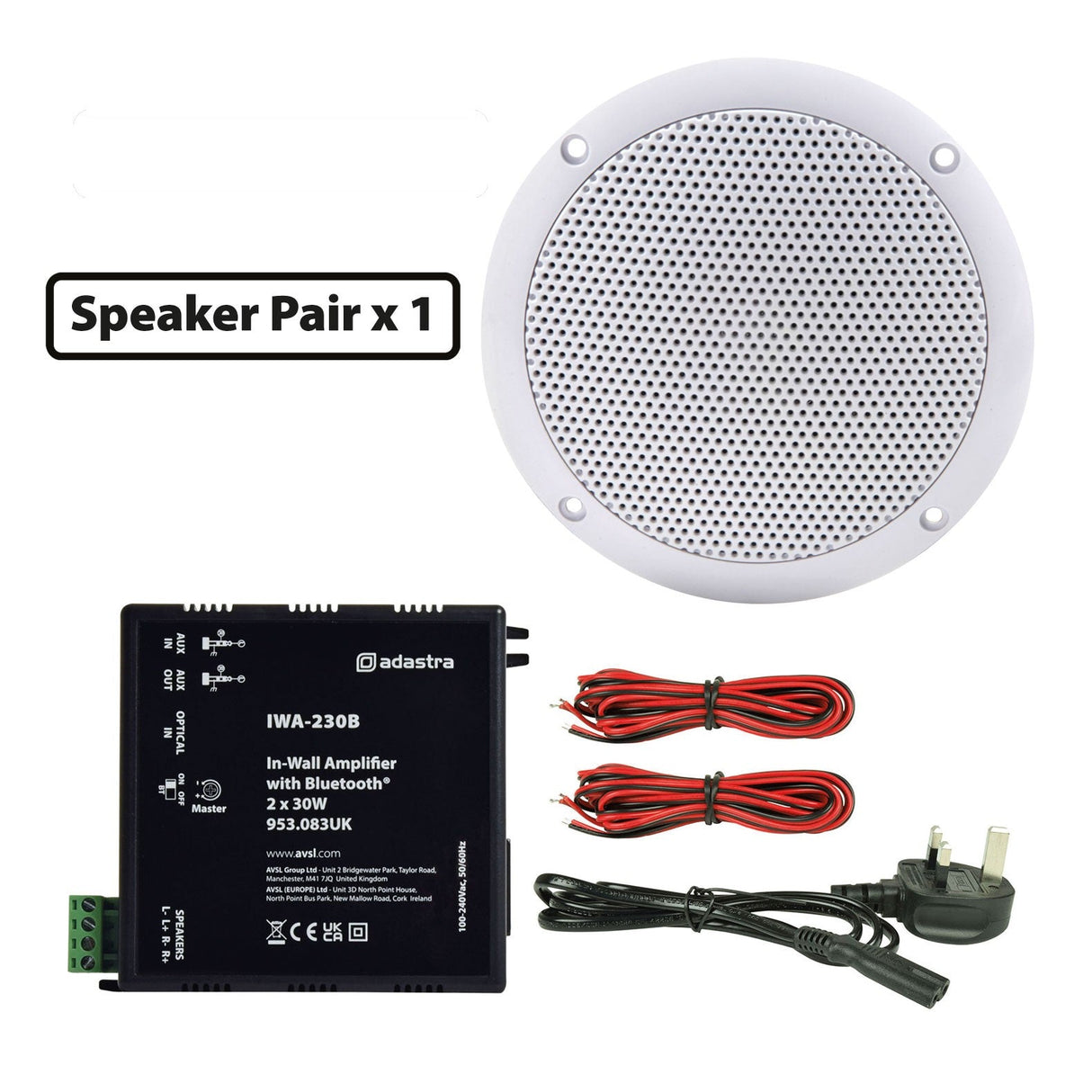 The Adastra 2 x 30W Ceiling Speakers (white, circular) with IWA230B Bluetooth Amplifier (black), plus two red/black audio cables and a black power cable. Text reads: Speaker Pair x1.