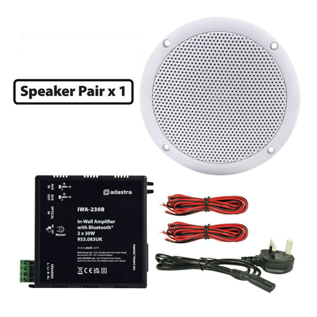 The Adastra 2 x 30W Ceiling Speakers (white, circular) with IWA230B Bluetooth Amplifier (black), plus two red/black audio cables and a black power cable. Text reads: Speaker Pair x1.