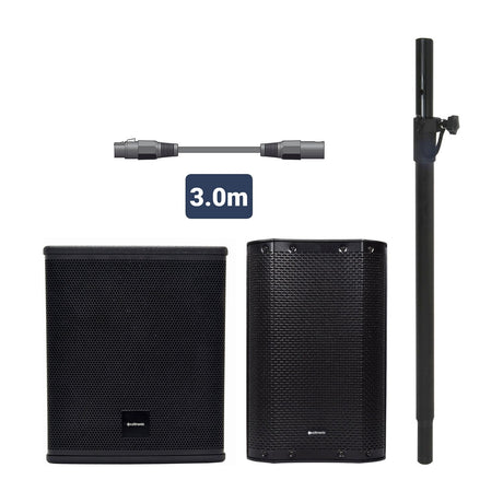 Citronic CS810A MonoSound A active speaker bundle with subwoofer, top cabinet, mounting pole and 3m XLR link lead on a white background.
