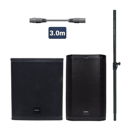 Citronic CS1012A MonoSound B active speaker bundle with subwoofer, top cabinet, mounting pole and 3m XLR link lead on a white background.