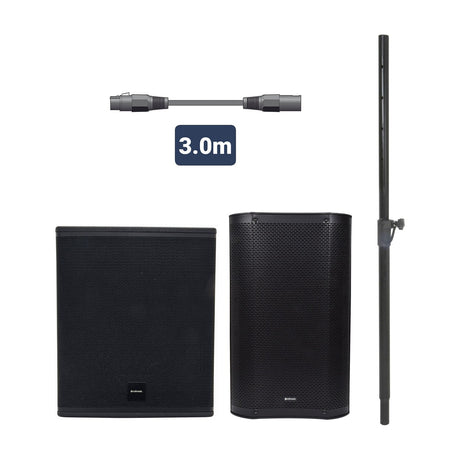 Citronic CS1215A MonoSound C active speaker bundle with subwoofer, top cabinet, mounting pole and 3m XLR link lead on a white background.