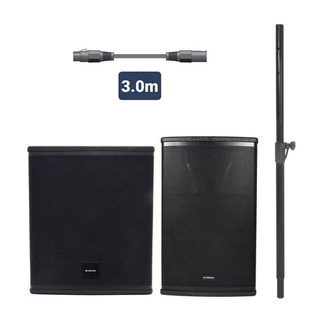 Citronic CB1012A MonoSound E active speaker bundle with subwoofer, top cabinet, mounting pole and 3m XLR link lead on a white background.