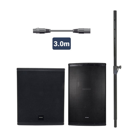 Citronic CB1215A MonoSound F active speaker bundle with subwoofer, top cabinet, mounting pole and 3m XLR link lead on a plain white background.