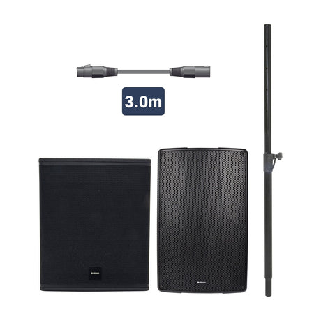 Citronic CL1215A MonoSound G active speaker bundle with subwoofer, top cabinet, mounting pole and 3m XLR link lead on a white background.