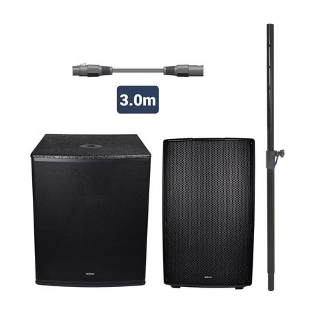 Citronic CL1518A MonoSound H active speaker bundle with subwoofer, top cabinet, mounting pole and 3m XLR link lead on a white background.