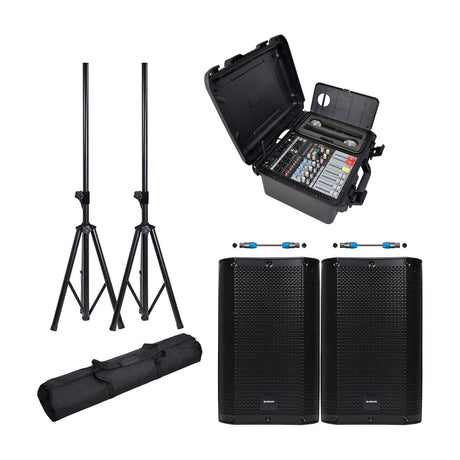 Citronic FLITE-600 PA bundle with powered mixer in moulded case, two CASA-10 speakers, tripod stands, carry bag and speaker leads on white.