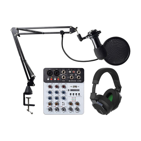 Citronic Q-PADKIT home studio bundle with compact mixer, condenser microphone on angle-poise arm with shock mount and pop filter, and studio headphones.