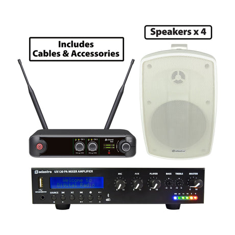 Adastra UX120 PA package with UX120 Bluetooth DAB+ mixer amplifier, dual UHF wireless microphone receiver and white wall speaker, with cables included.