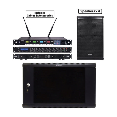 Citronic D1000-4xCUBA-8 PA package with UHF microphone receiver, media mixer, D1000 amplifier, four CUBA-8 speaker cabinets and steel rack cabinet.