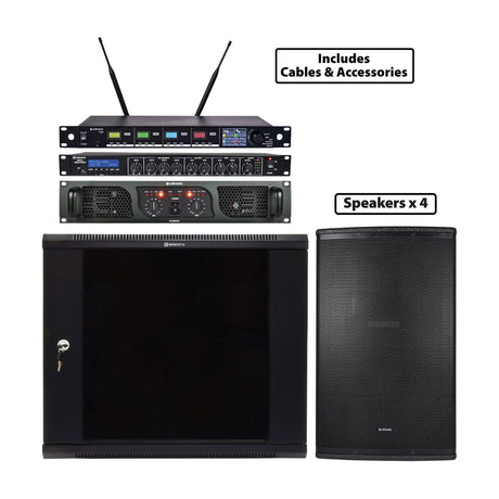 Citronic PLX2000 PA package with UHF microphone receiver, rack mixer, power amplifier, steel rack cabinet and CUBA-12 speaker cabinet shown.