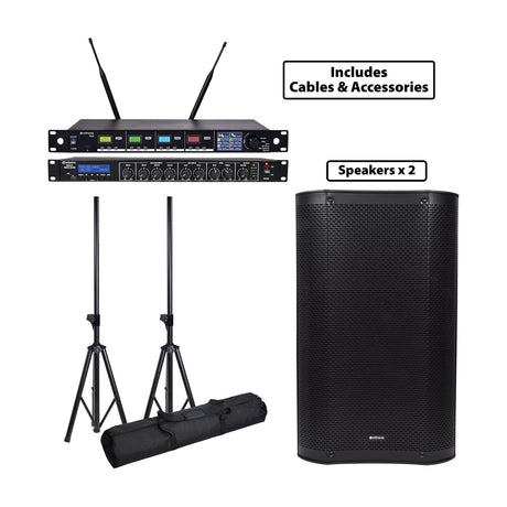 Citronic 2xCASA-12A-PK PA system with two black active 12" speakers, stands with carry bag, rack-mounted mixer, and quad UHF receiver.