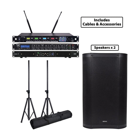 Citronic D600-2xCASA-12 portable passive PA package with UHF microphone receiver, media mixer, D600 amplifier, two speakers, stands with bag, and accessories.