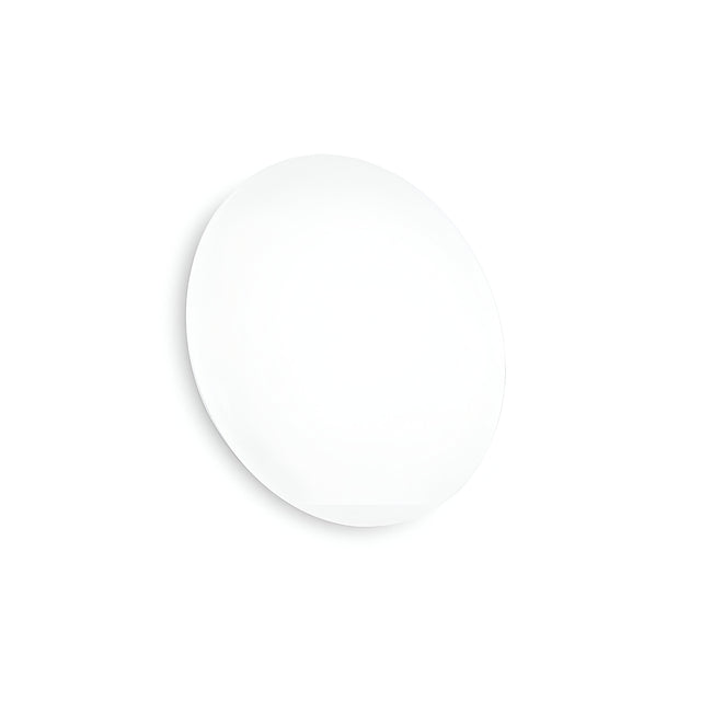 A round, white Orlis Round LED Wall Light 17W 3000K is displayed against a plain, light background, radiating with energy-efficient illumination. The wall light features a minimalist and smooth design with no visible patterns or textures, enhancing its contemporary aesthetic.