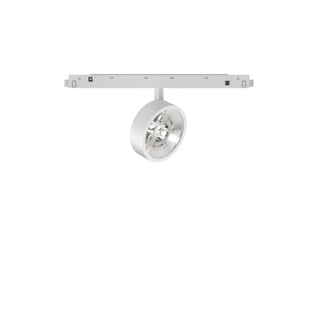 The Luxeon LED Magnetic Track Spotlight 9W 3000K in white features a contemporary design with a circular, adjustable head mounted on a rectangular base, providing sleek and minimalistic lighting ideal for modern interiors.
