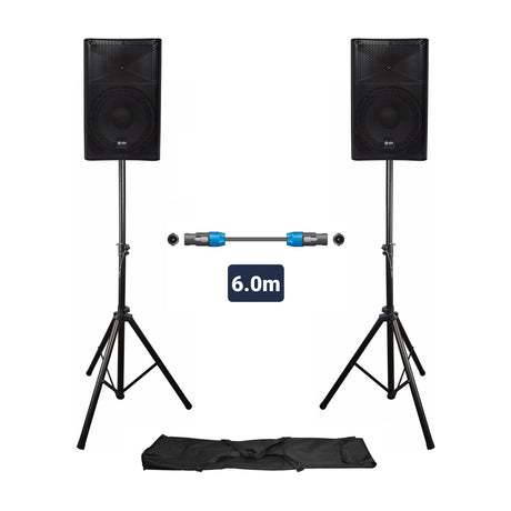 QTX QUEST-10 PA speaker set by AVSL with two black speaker cabinets on tripod stands, 6m SPK link cable and carry bag on a white background.