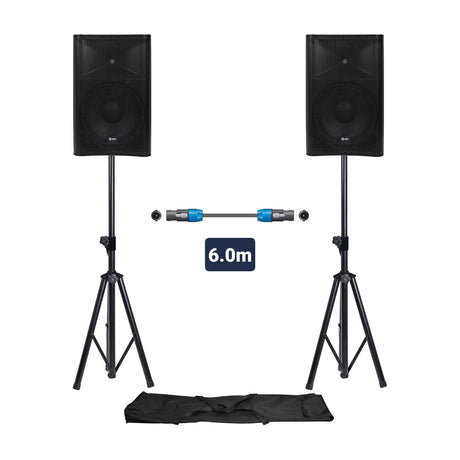 QTX QUEST-12 PA setup by AVSL with two black 12-inch speaker cabinets on tripod stands, 6m link cable and carry bag on a plain white background.