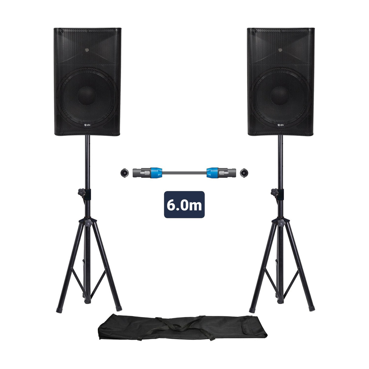 QTX QUEST-15 Active & Passive PA Speaker Set with Stands