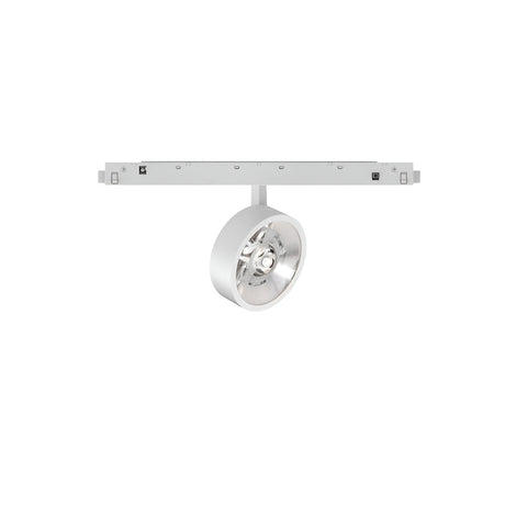 The Luxeon Dimmable LED Magnetic Track Spotlight 9W 3000K - White, featuring a sleek circular design and metallic finish, is seamlessly attached to a horizontal rail. It hangs suspended beneath the rail, providing energy-efficient lighting that is perfect for ceiling installation against an all-white background.