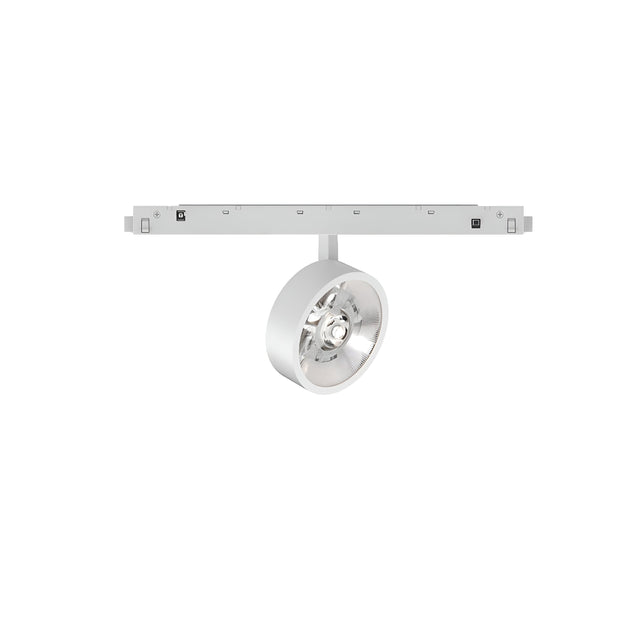 The Luxeon Dimmable LED Magnetic Track Spotlight 9W 3000K - White, featuring a sleek circular design and metallic finish, is seamlessly attached to a horizontal rail. It hangs suspended beneath the rail, providing energy-efficient lighting that is perfect for ceiling installation against an all-white background.