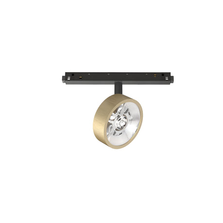 The Luxeon Dimmable LED Magnetic Track Spotlight 9W 3000K in Brass is a modern ceiling light fixture with a circular gold-colored design attached to a dark rectangular mount. Its sleek, minimalist style includes dimmable functionality and provides warm 3000K lighting, ensuring both versatility and elegance.