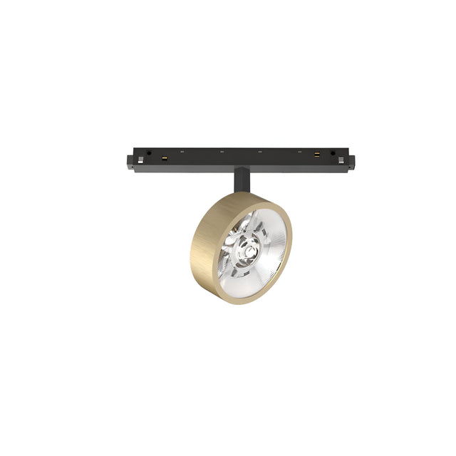 The Luxeon Dimmable LED Magnetic Track Spotlight 9W 3000K in Brass is a modern ceiling light fixture with a circular gold-colored design attached to a dark rectangular mount. Its sleek, minimalist style includes dimmable functionality and provides warm 3000K lighting, ensuring both versatility and elegance.