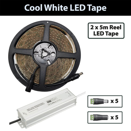 LYYT 12V Cool White 6000K LED strip kit with two 5m IP65 reels, IP67 waterproof power supply, and five DC screw terminal plugs and sockets.