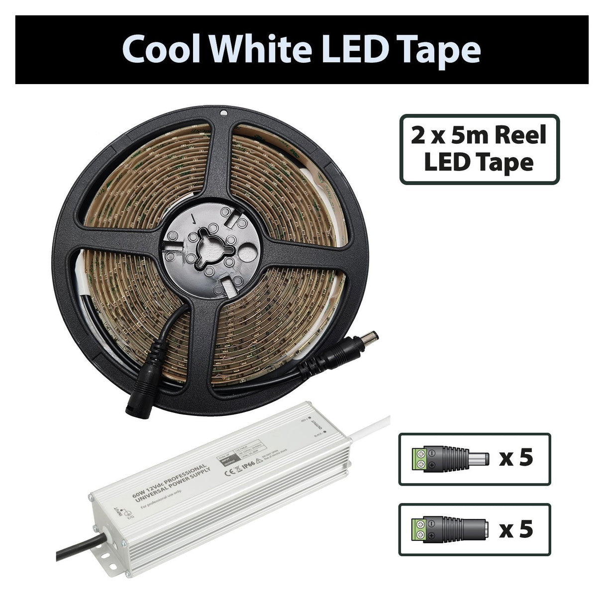 LYYT 12V LED Strip IP65 10m - Cool White, 6000K