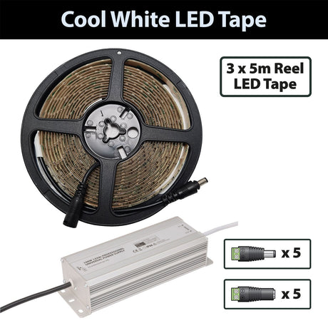 LYYT Cool White LED Tape kit with three 5m reels on a black spool, 12V IP67 driver, and five pairs of DC screw terminal connectors.