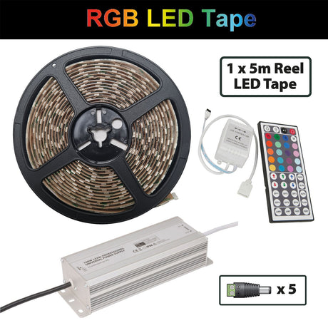 LYYT 5m RGB LED strip kit by AVSL with black reel of multicolour IP65 tape, 12V power supply, IR controller, 44-button remote and five DC connectors.