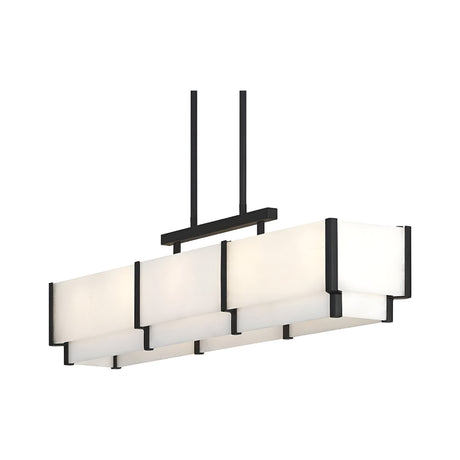 The Albyso LED Linear Alabaster Chandelier in matte black and soft white features frosted glass panels and parallel rods, offering handcrafted, modern elegance for any space.