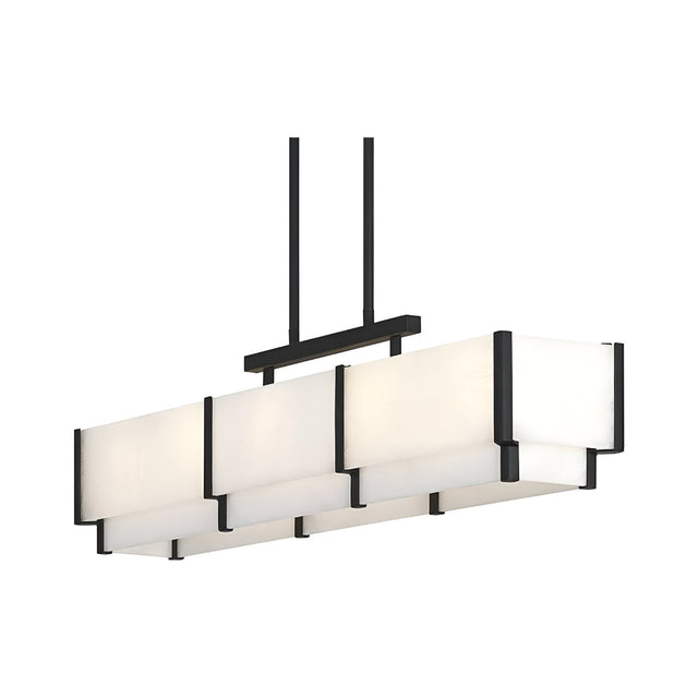 The Albyso LED Linear Alabaster Chandelier in matte black and soft white features frosted glass panels and parallel rods, offering handcrafted, modern elegance for any space.