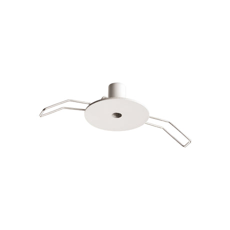 The Glacia 1 Light Recessed Magnetic Ceiling Rose in white showcases a minimalist design with its circular structure and two extended metal arms flanking a central cylindrical attachment. The recessed magnetic ceiling rose enhances its clean aesthetics, indicating it as a contemporary fixture ideal for mounting or support purposes.