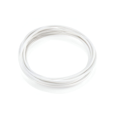 The Next Fabric Lighting Cable 5m - White is neatly coiled in a circular shape against a plain white background, showcasing its smooth, braided texture—ideal for pendant lights.
