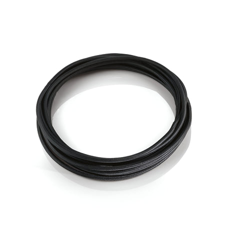 The Next Fabric Lighting Cable 5m in black, featuring a shiny black finish, is coiled neatly on a white background. Its glossy, textured surface suggests its 5-meter length and durable construction, reminiscent of coiled fabric lighting cables.
